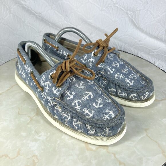 Sperry Top Sider Shoes Womens Size 6 Blue Canvas Blue Anchor Nautical Loafers - Picture 1 of 11